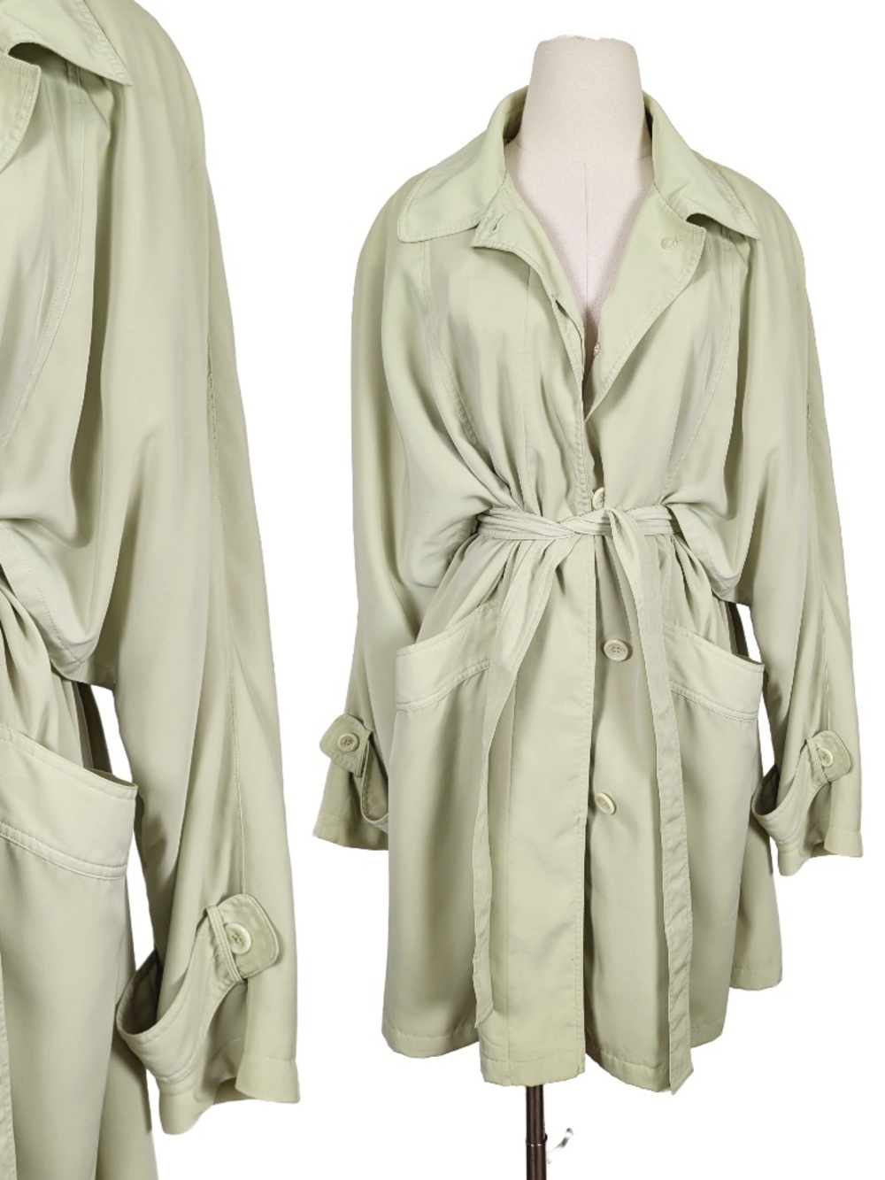 Vintage Emblem Pastel Green Trench Coat Size Large Parisian - Picture 2 of 15